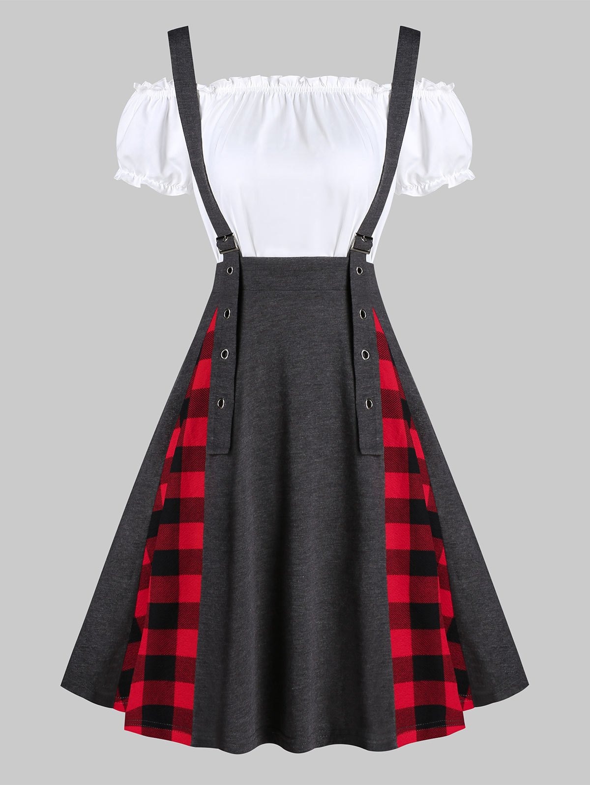 Plaid Print Buckle Strap Suspender Skirt and Plain Top