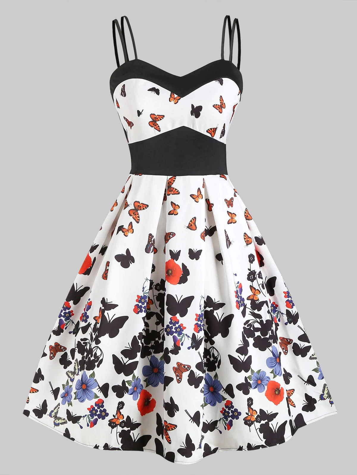 Butterfly Print Empire Waist Dual Straps Dress