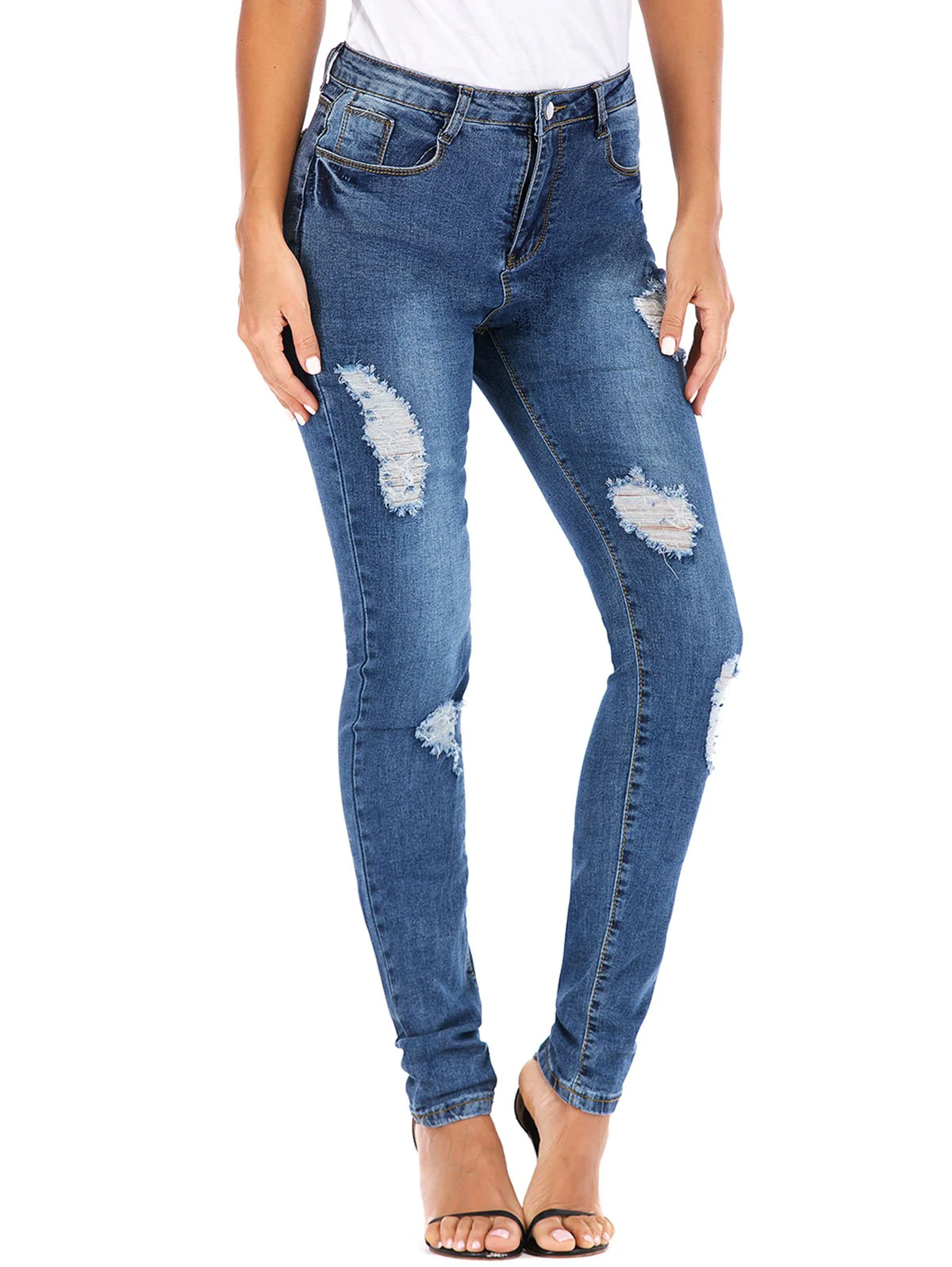 Bleach Wash High Waisted Distressed Skinny Jeans