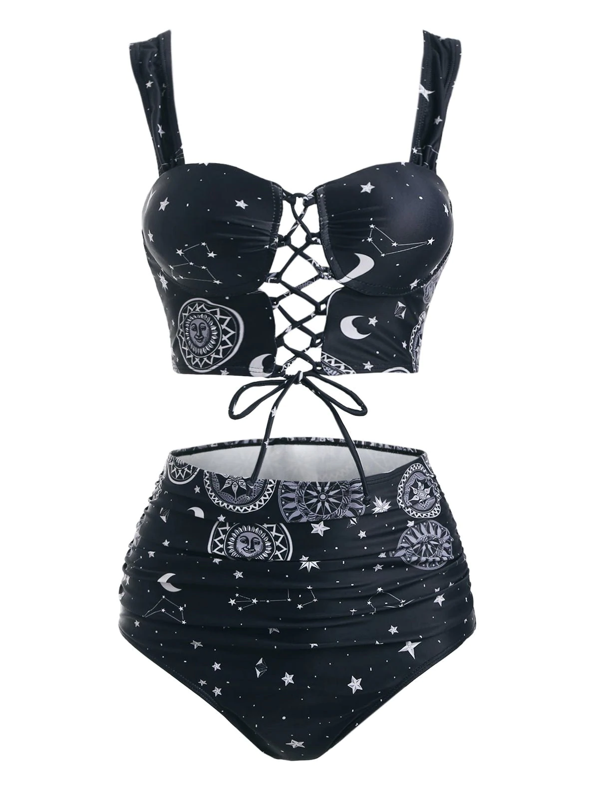 Sun Moon Star Print Lace Up Tummy Control Tankini Swimwear