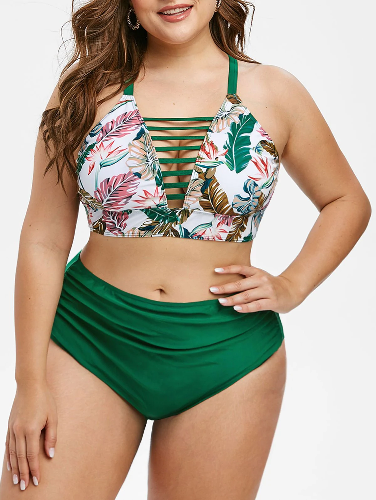 Leaves Print High Waisted Criss Cross Plus Size Bikini Swimwear