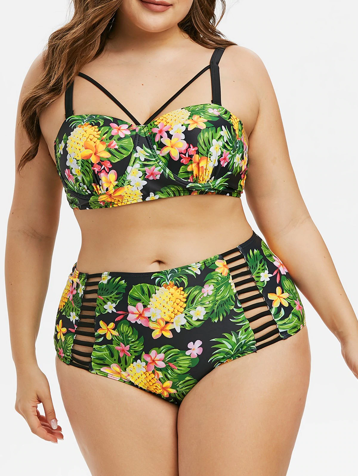 Plus Size Pineapple Flower Ladder Cutout Underwire Tankini Swimw