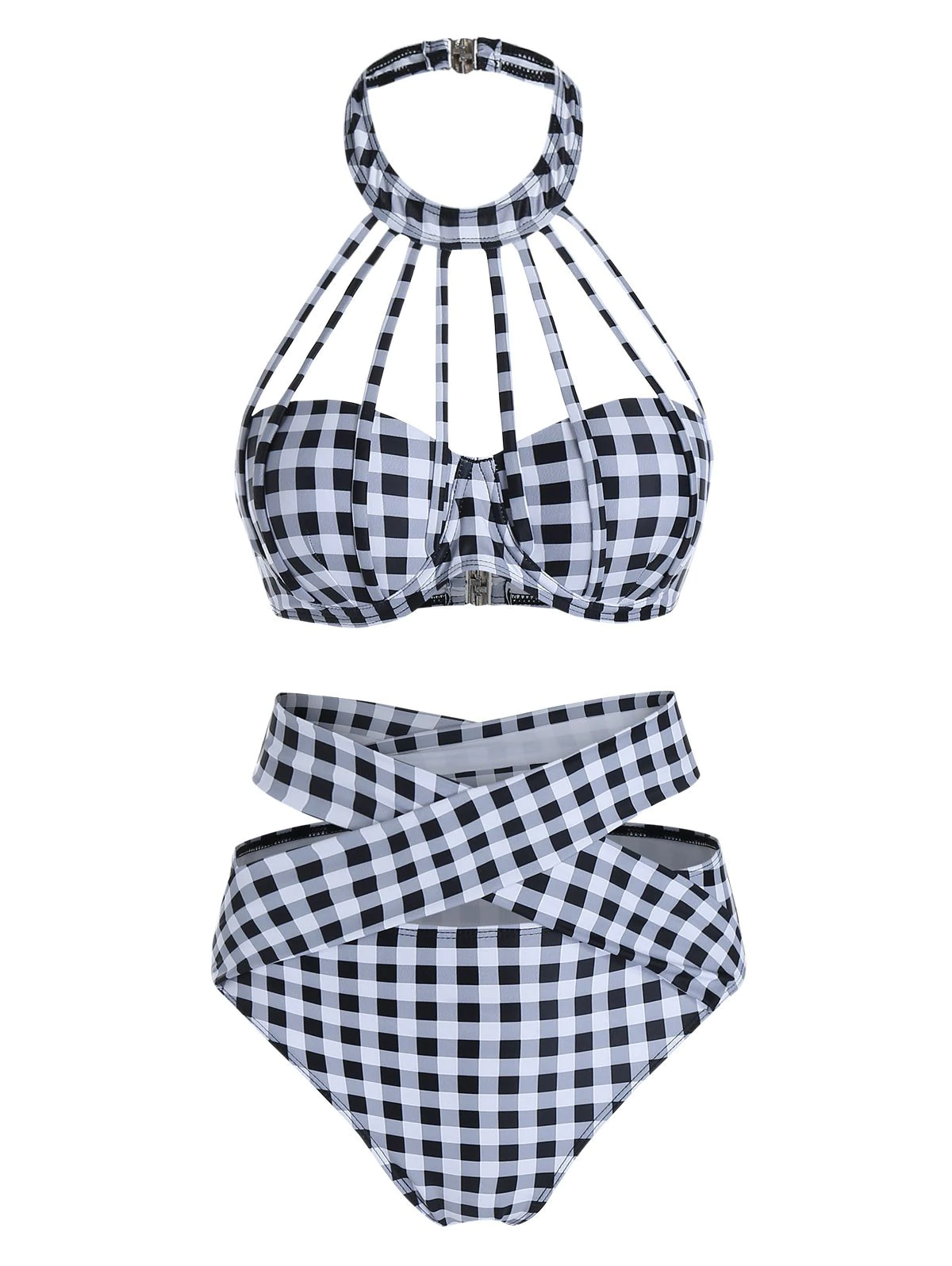 Plaid Print Halter Strappy Crisscross Tankini Swimwear