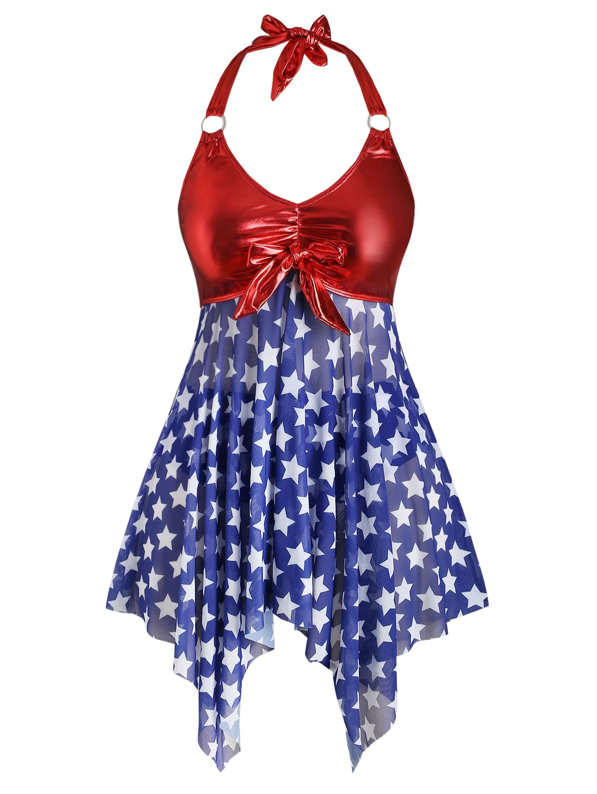 Plus Size Halter American Flag Print Handkerchief Tankini Swimwe