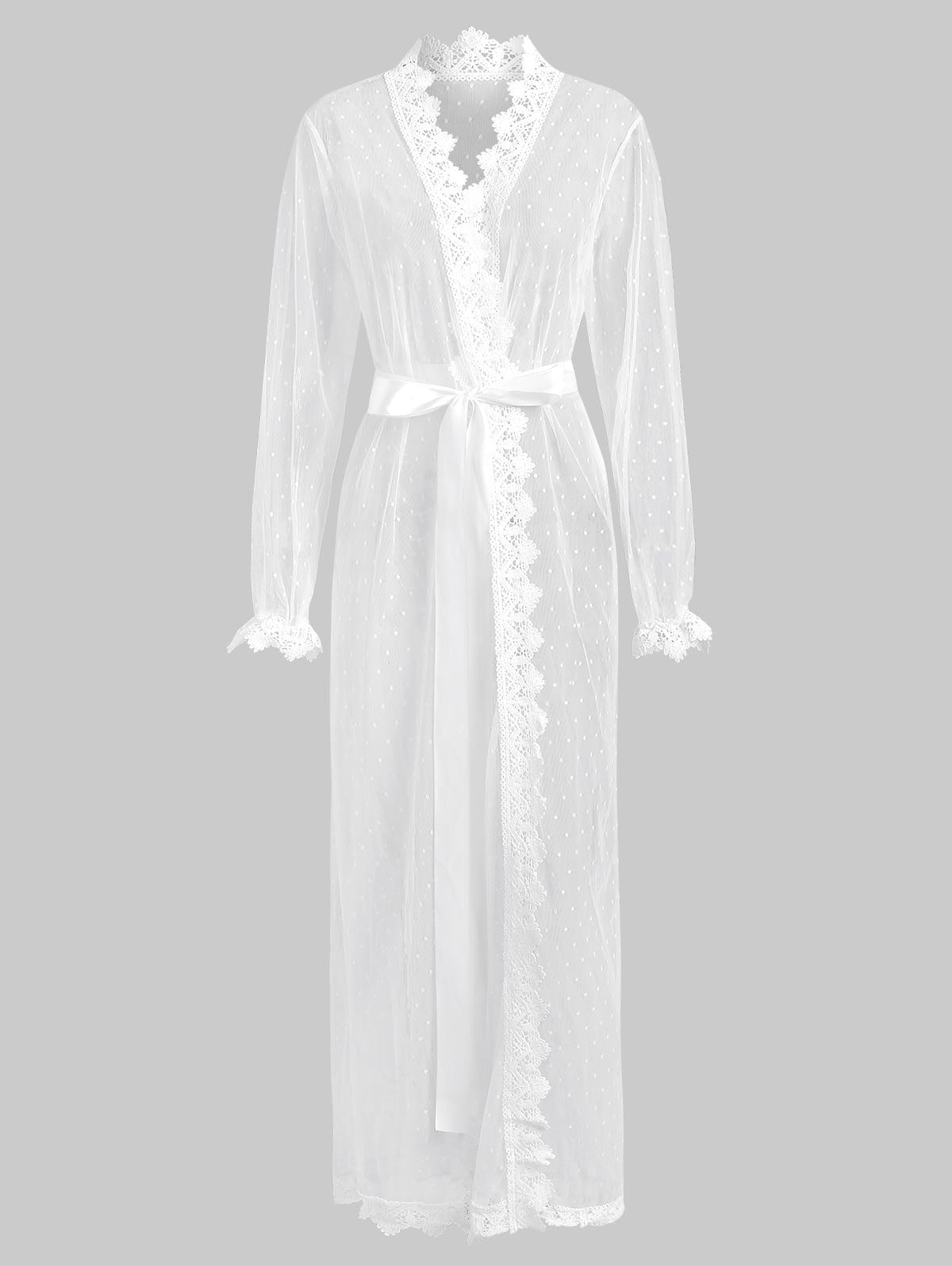 Mesh Sheer Crochet Trim Belted Long Lingerie Robe