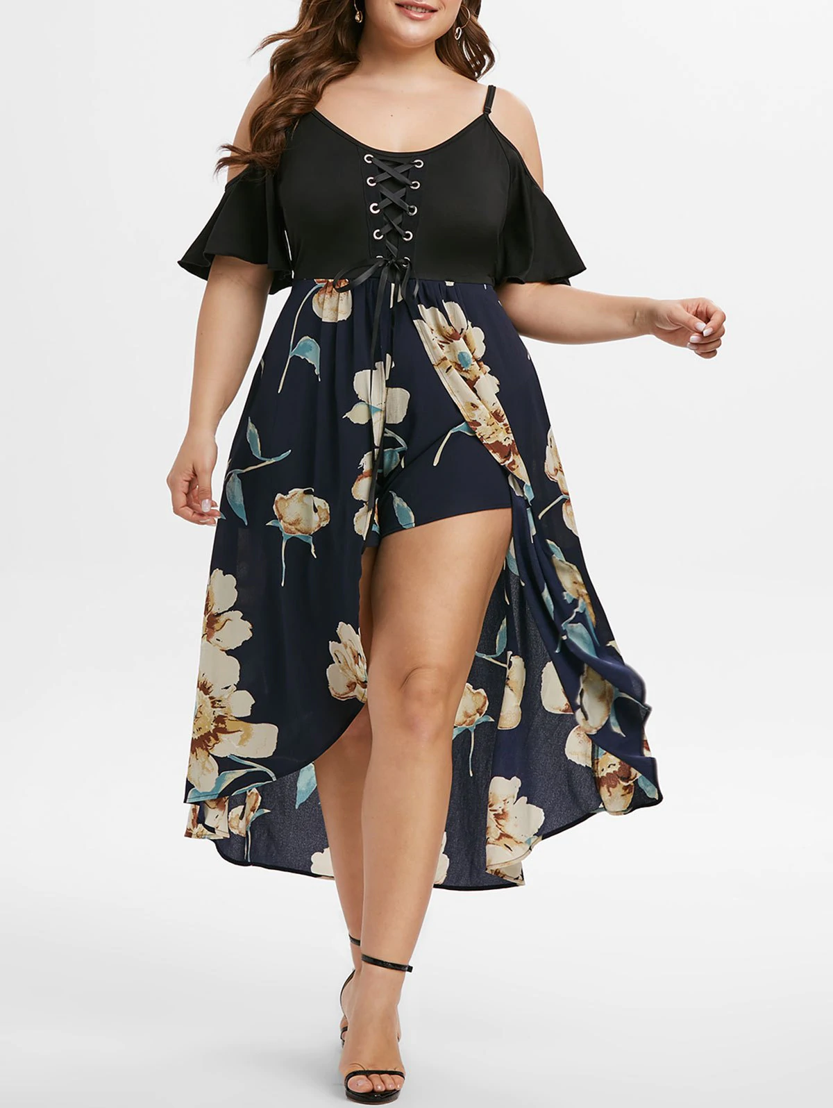 Plus Size Flower Lace Up Open Shoulder Dress Romper