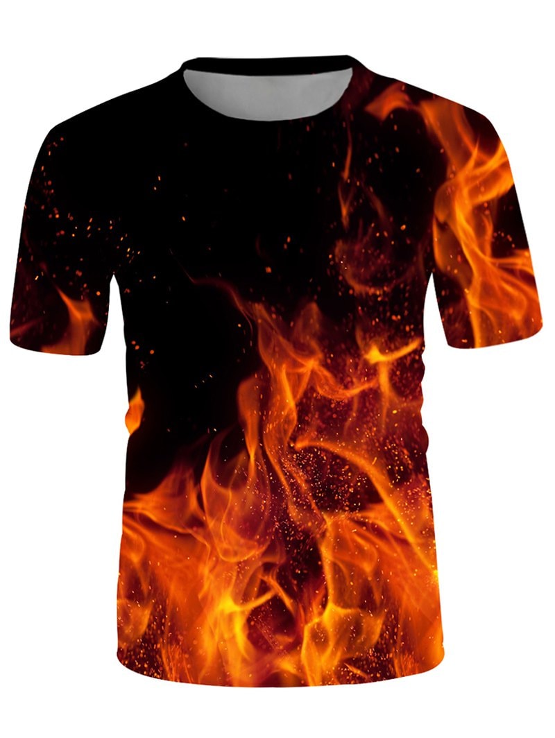 Fire Print Crew Neck Short Sleeve T Shirt