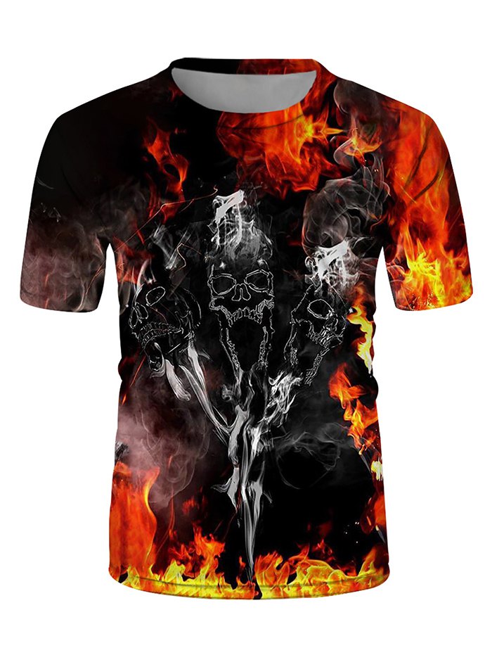 Fire Skulls Print Crew Neck Casual T Shirt