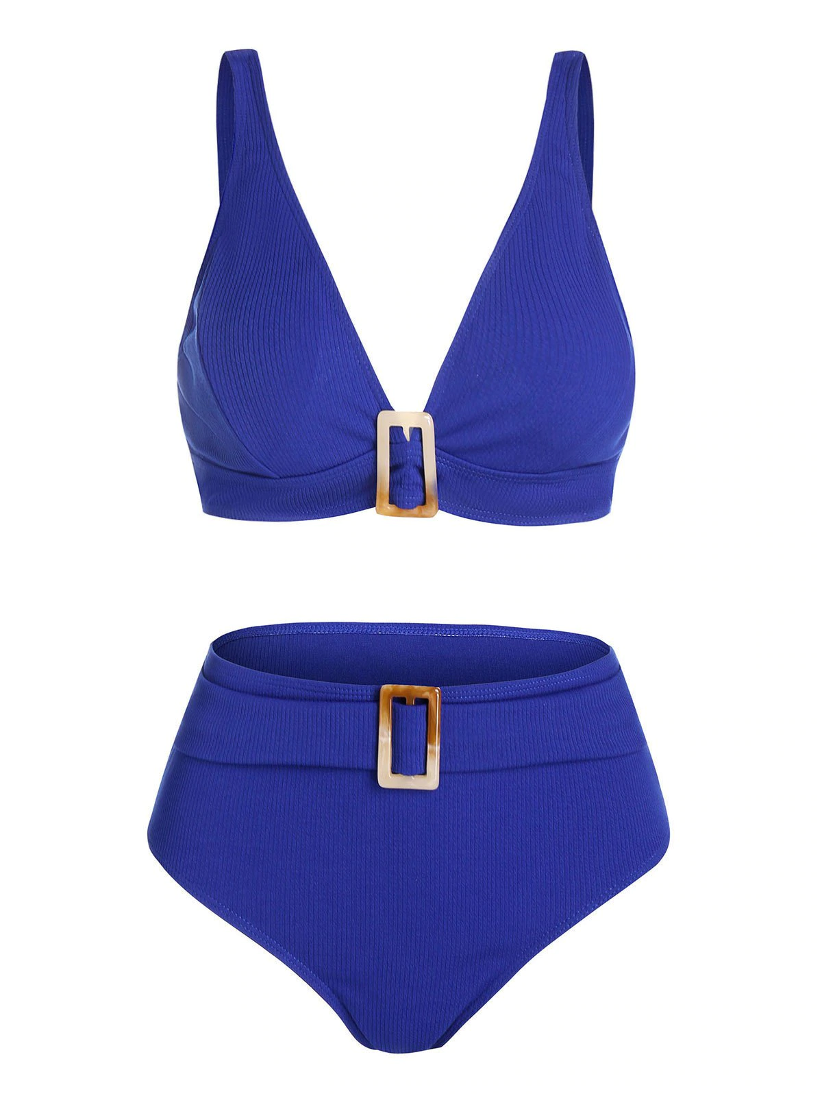 Dual Buckles Ribbed Padded Tankini Swimwear