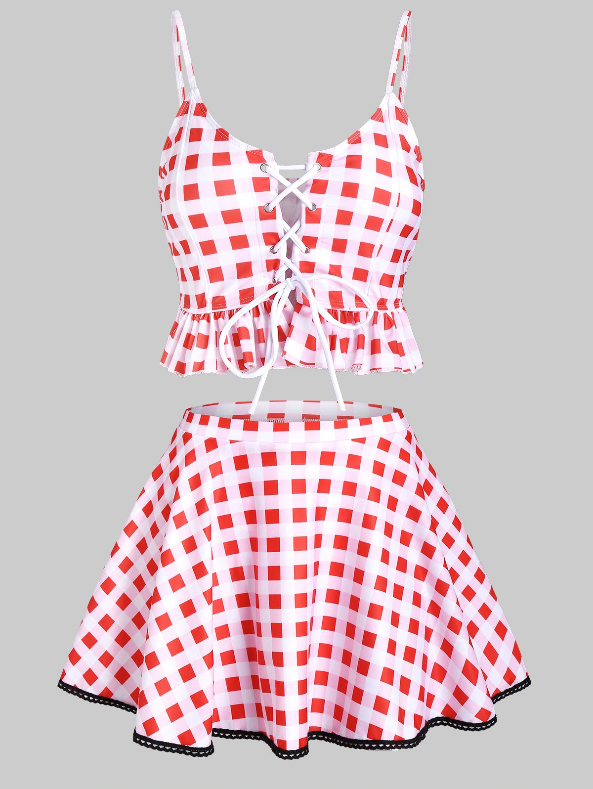 Gingham Print Lace-up Padded Tankini Set