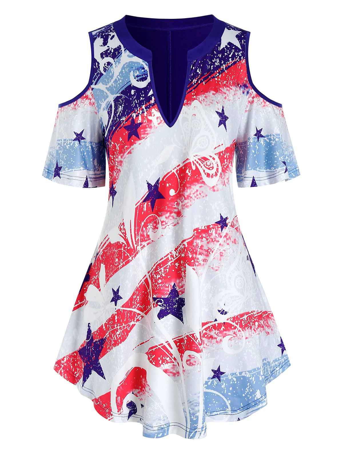 Plus Size American Flag Butterfly Pattern Open Shoulder Tee