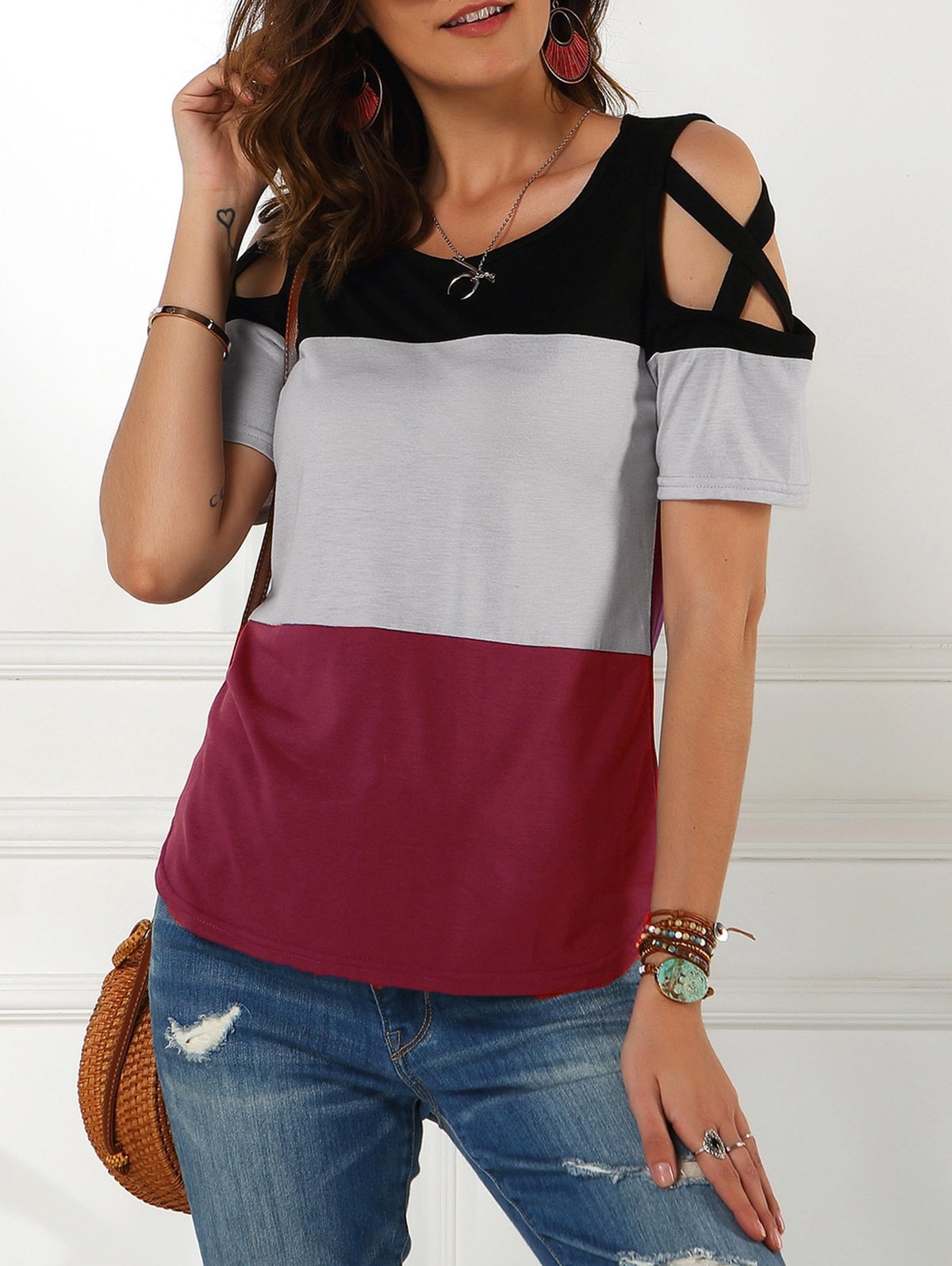 Colorblock Cold Shoulder Criss Cross Tee