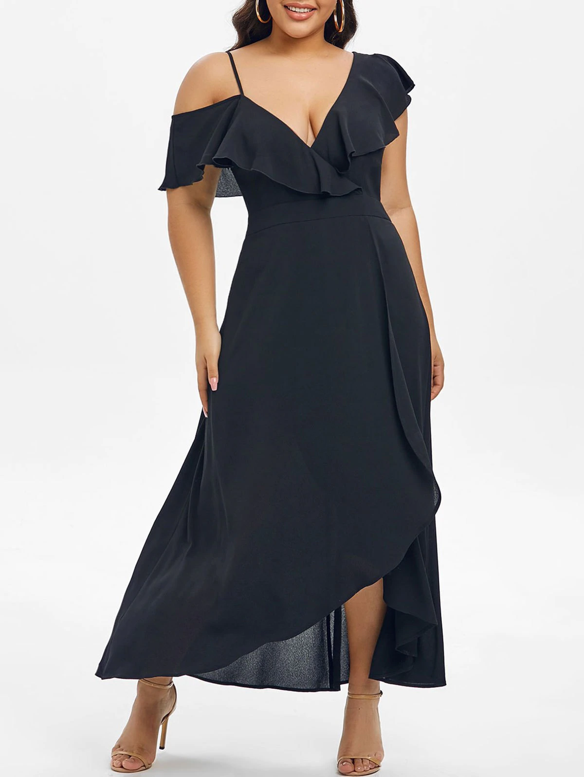 Plus Size Skew Collar Flounce Overlap Long Dress