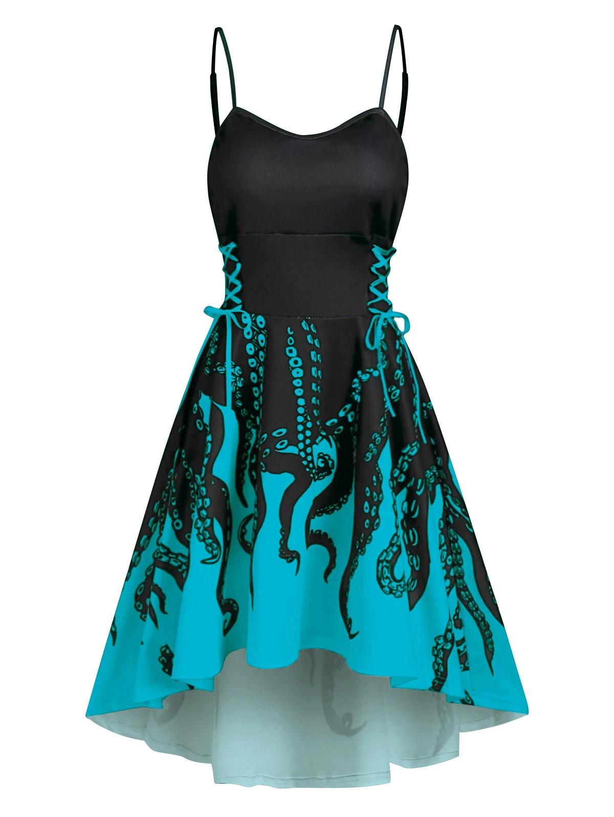 High Low Lace Up Octopus Print Cami Dress