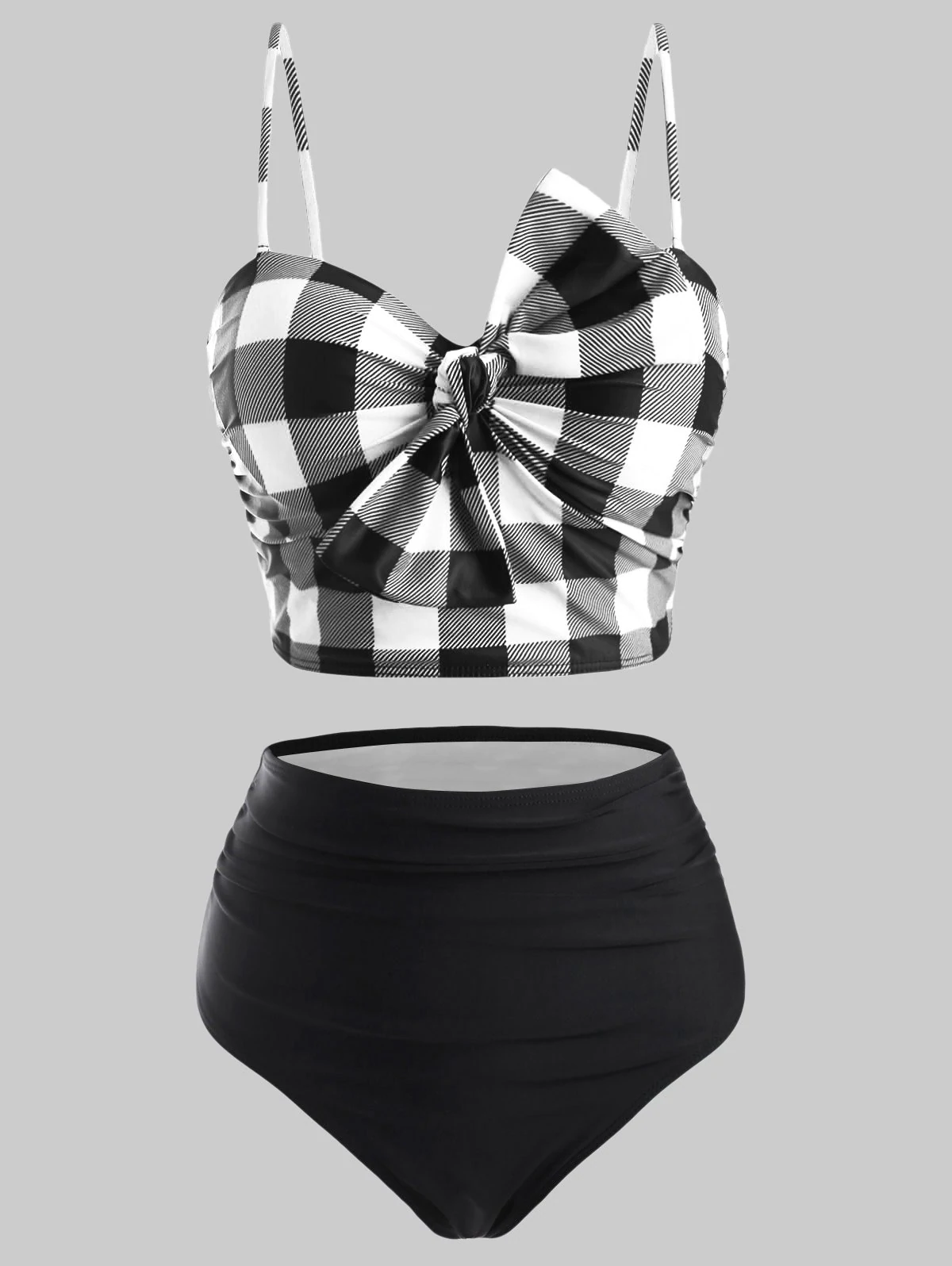 Plaid Bowknot Push Up Ruched Tankini Swimwear