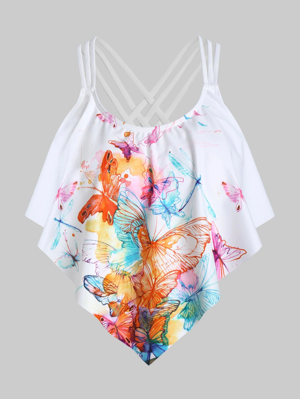 Crisscross Butterfly Print Ruffled Swim Top