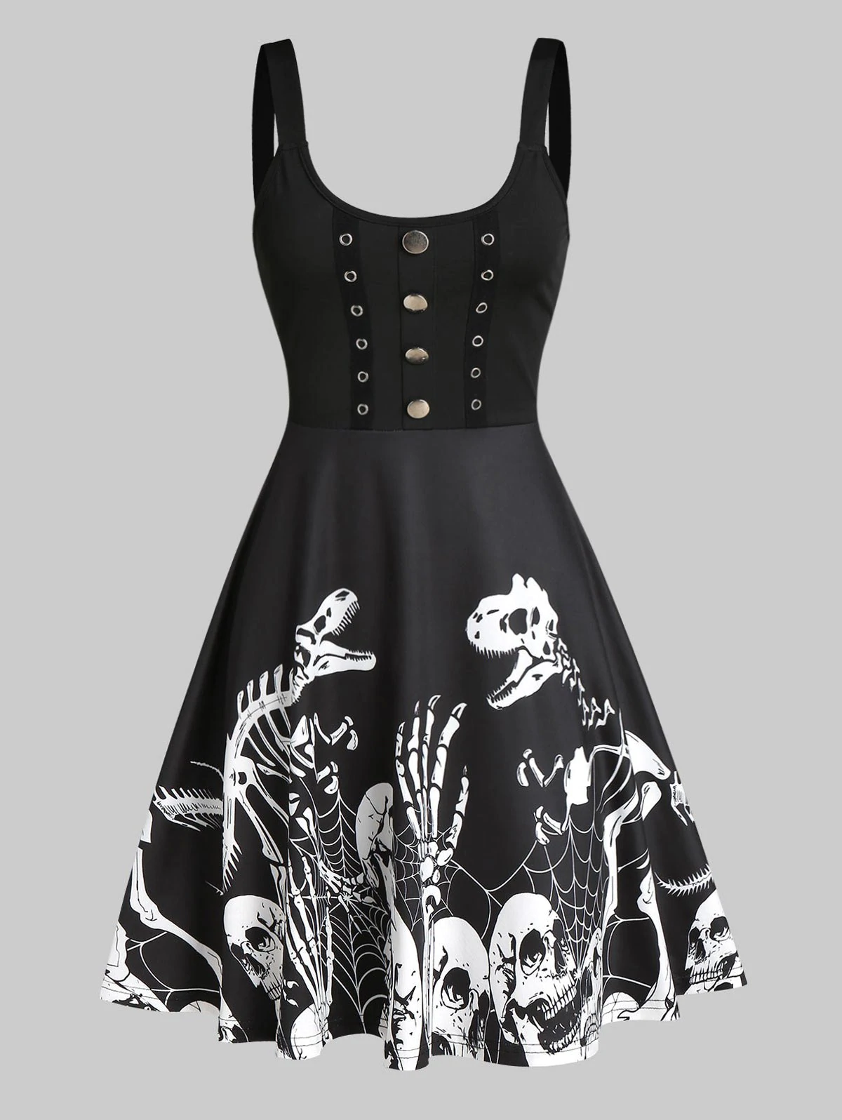 Button Skeleton Print Fit And Flare Gothic Dress