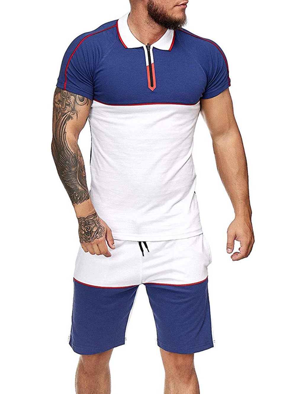 Colorblock Half Zip T Shirt And Drawstring Shorts Set