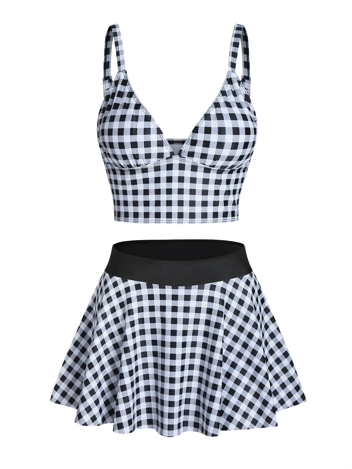 Checked Padded High Waist Skirted Tankini Swimwear