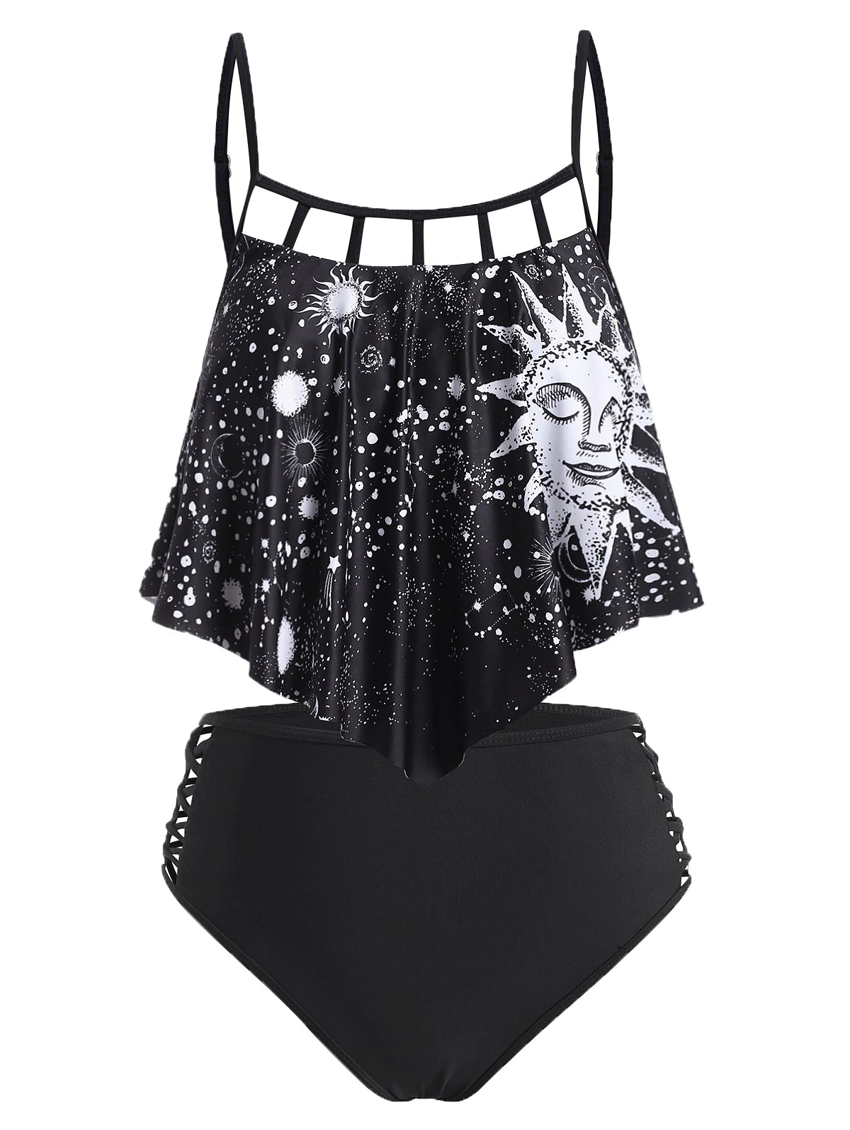 Astrology Sun Star Moon Print Lattice Tankini Swimwear