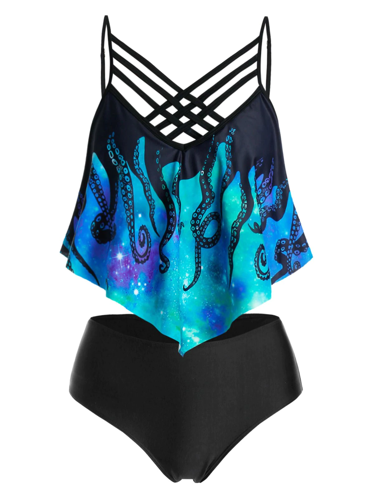 Galaxy Octopus Print Criss-cross Tankini Set