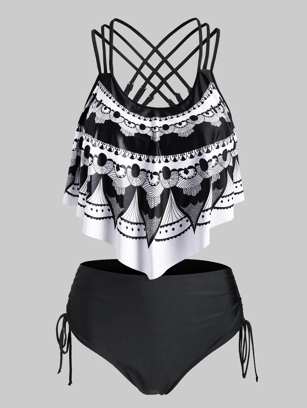 Ethnic 3D Lace Print Flounce Strappy Cinched Tankini Swimwear