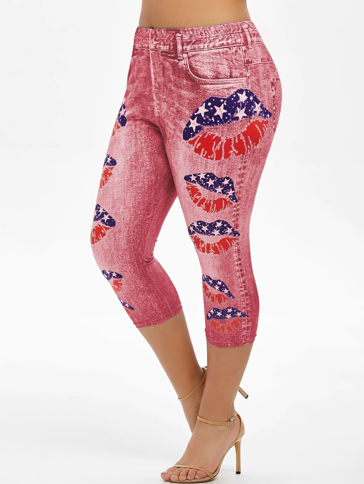 Plus Size Lip Print American Flag Cropped Jeggings