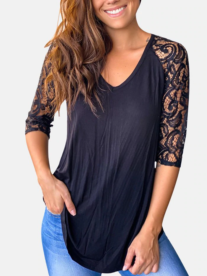 Raglan Sleeve Curved Hem Lace Panel Top