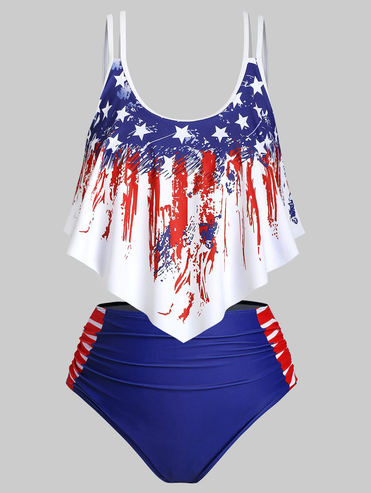 Heart American Flag Overlay Flounces Ruched Plus Size Tankini Sw