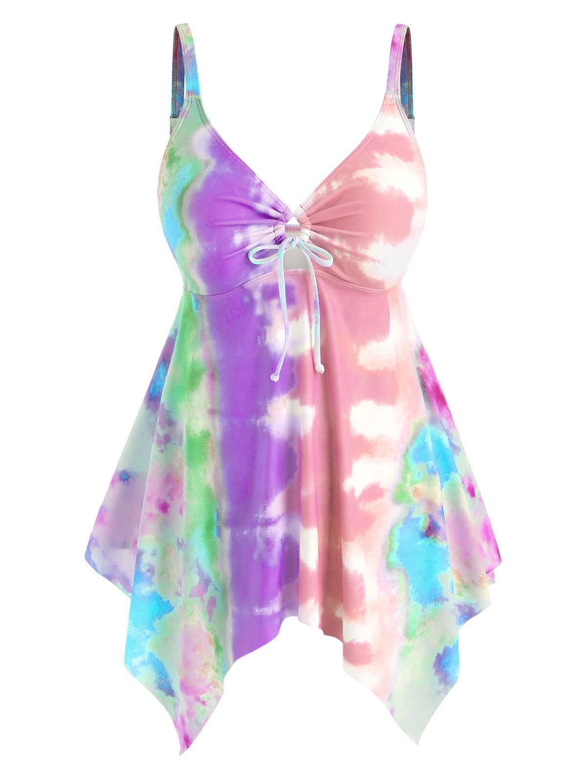 Plus Size Cinched Tie Dye Handkerchief Tankini Swimwear