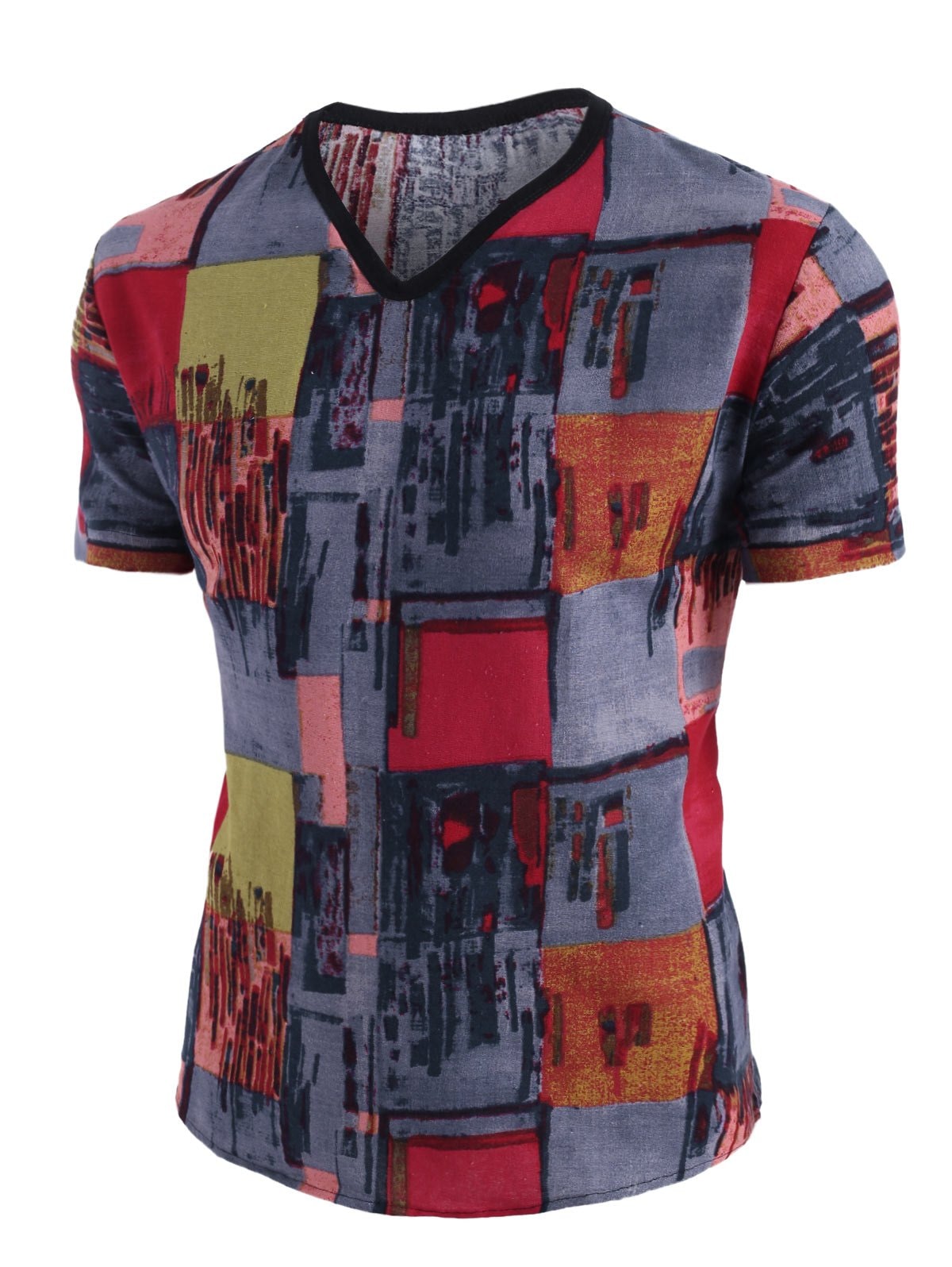 Ethnic Pattern Block V Neck Short Sleeve T Shirt