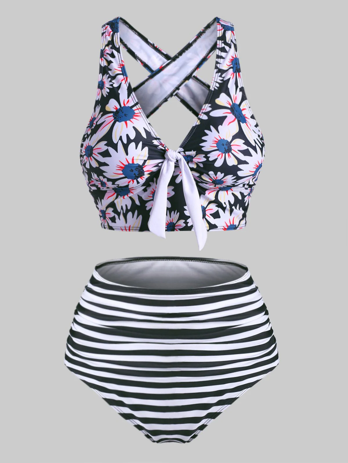 Striped Flower Tied Crisscross Tummy Control Tankini Swimwear