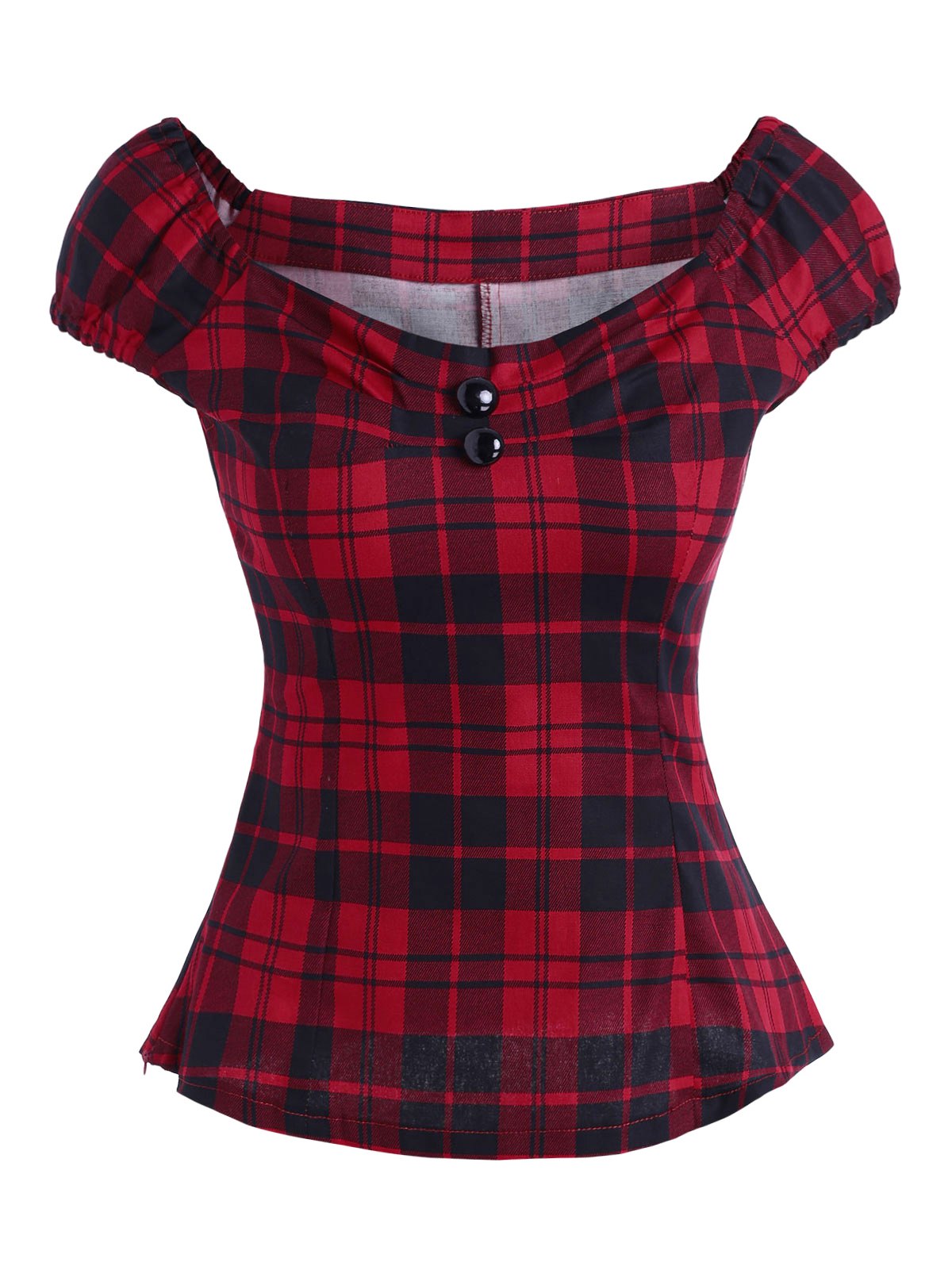 Plaid Slash Neck Cap Sleeve Blouse