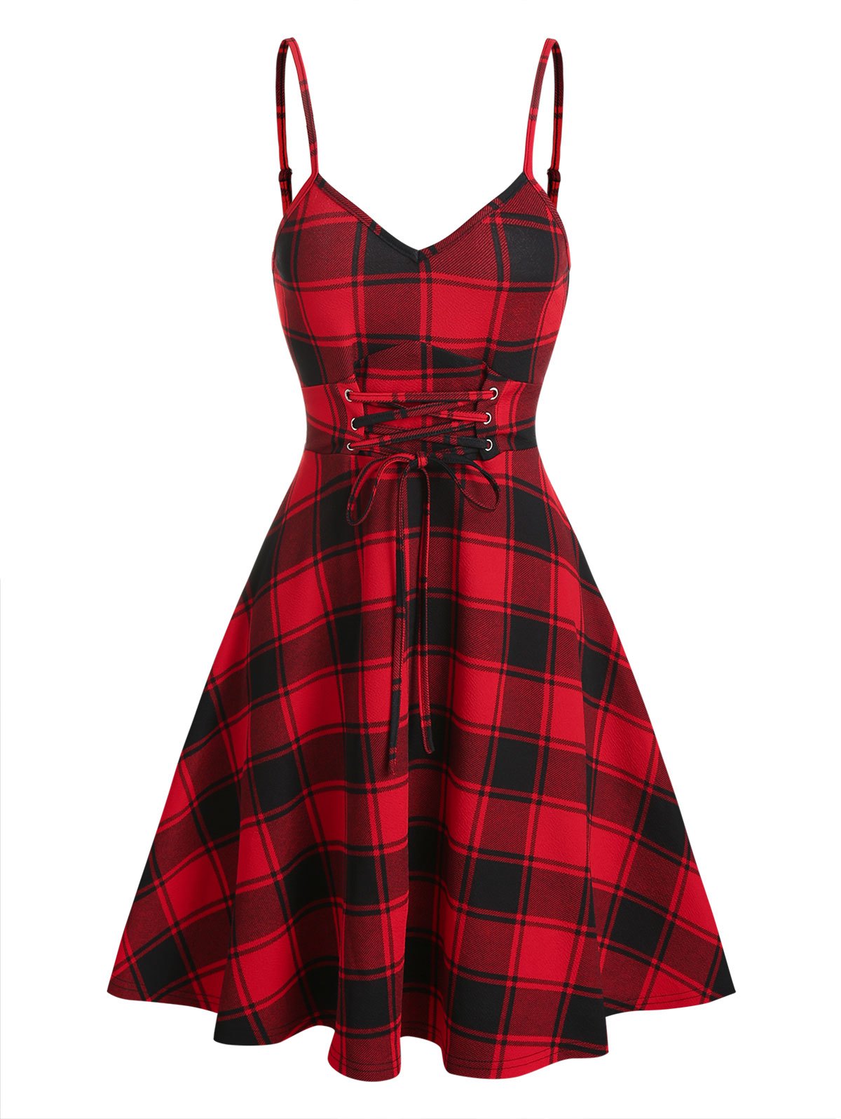 Lace Up Fit And Flare Plaid Slip Dress