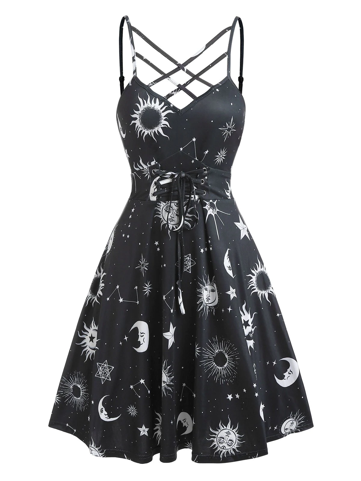 Sun Moon Print Crisscross Dress