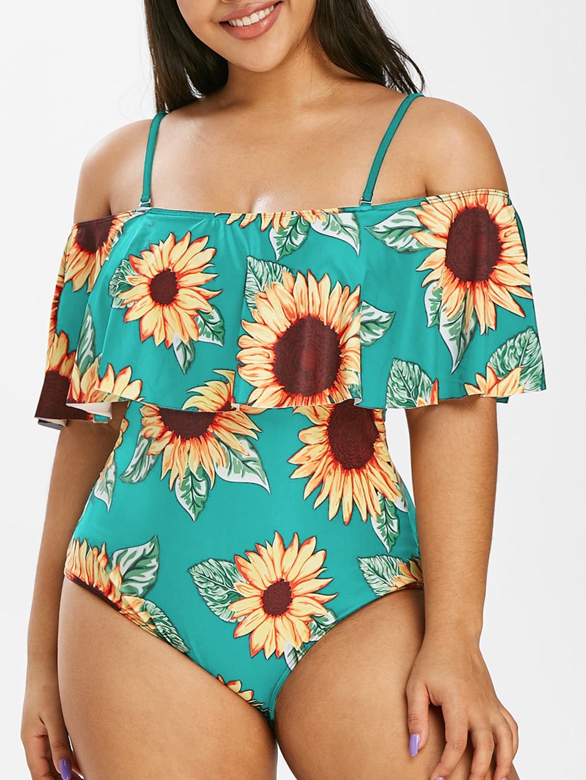 Plus Size Sunflower Print Ruffled One-piece Swimsuit