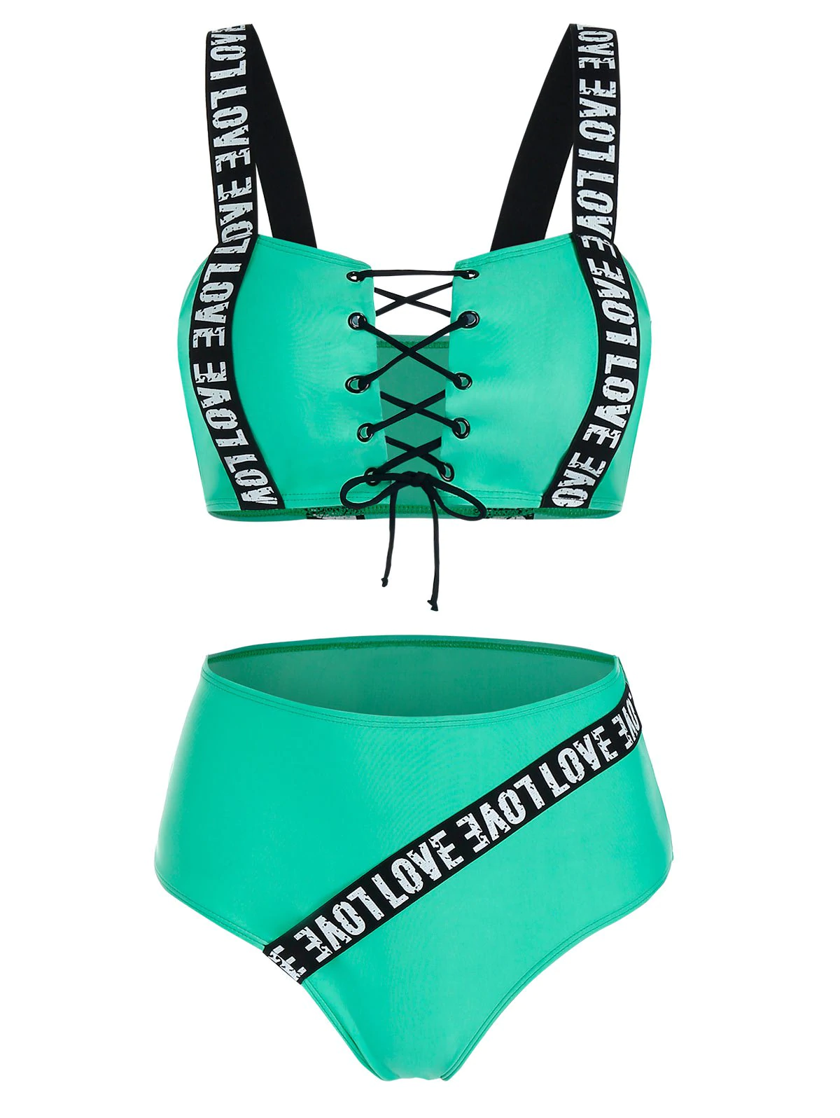 Letter Print Lace-up Padded Bikini Set