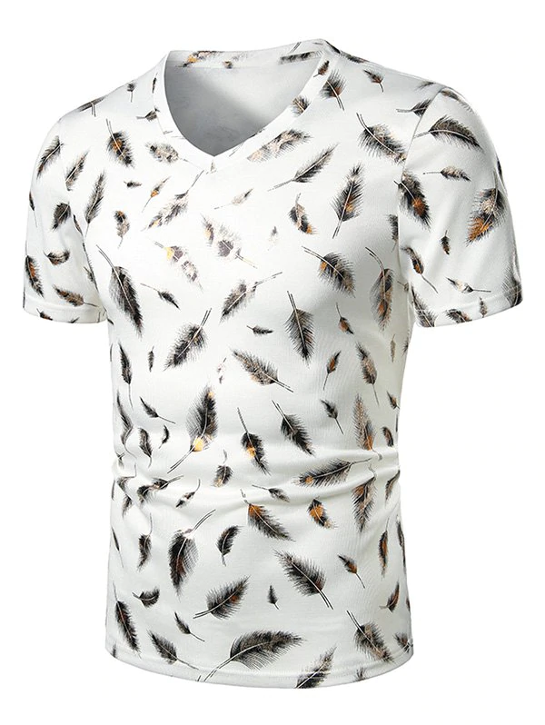 V Neck Gilding Feather Print Short Sleeve T Shirt