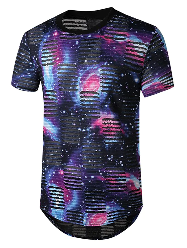 Starry Print Mesh Patch Hole Longline Curved T Shirt