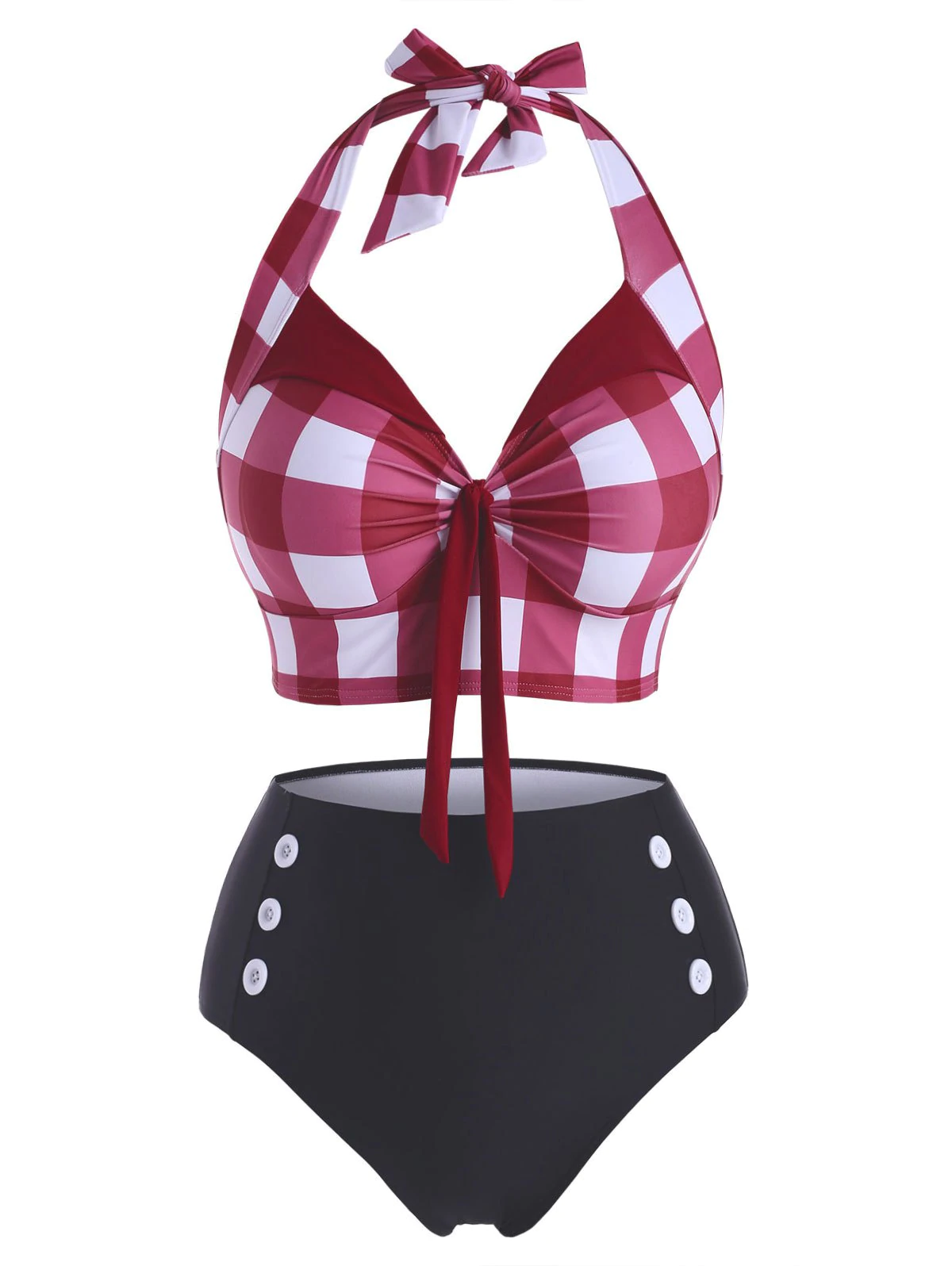 Plus Size Checkered Tied Halter Mock Button Tankini Swimwear