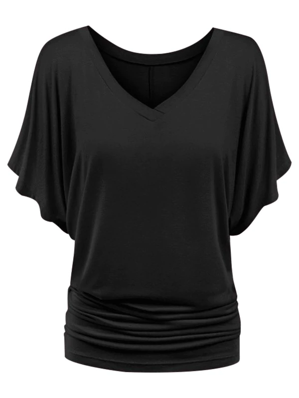 V Neck Ruched Plus Size Batwing Sleeve Top