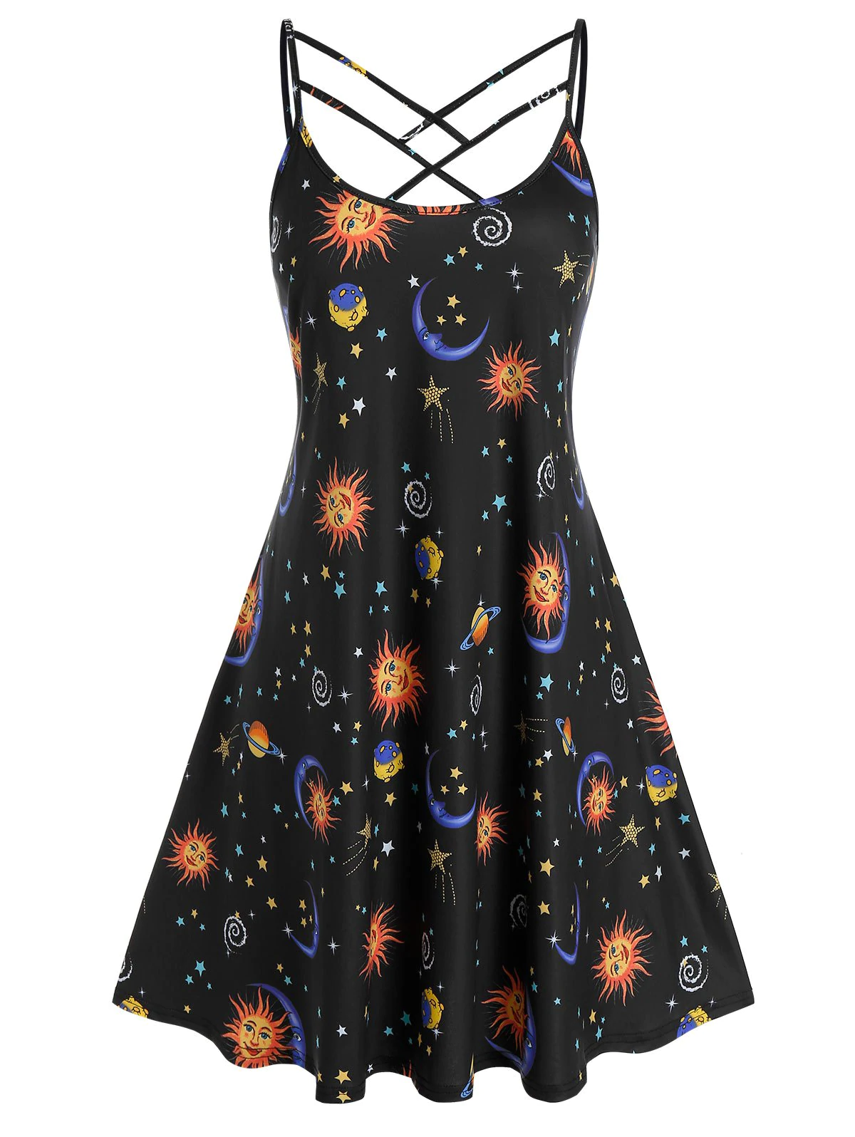 Plus Size Crisscross Moon and Sun Pattern Cami Dress