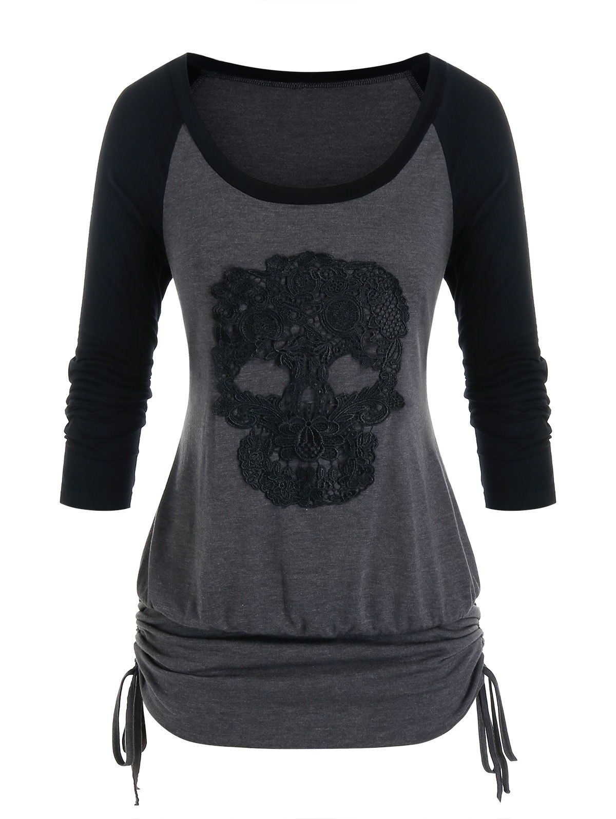 Plus Size Skull Crochet Cinched Tie Long Sleeve Tee