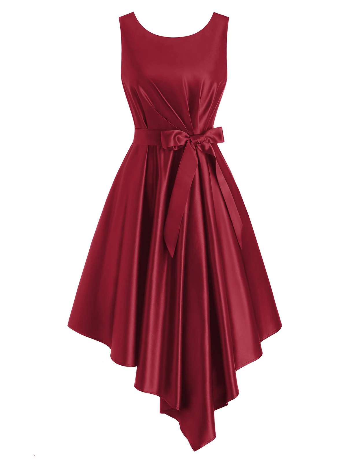 Belted Pleated Waisted Sleeveless Asymmetrical Dress