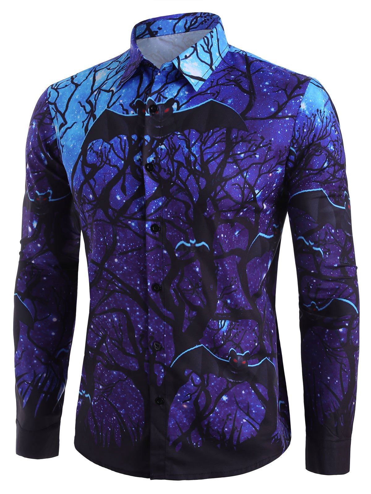 Halloween Starry Bat Print Long Sleeve Button Up Shirt