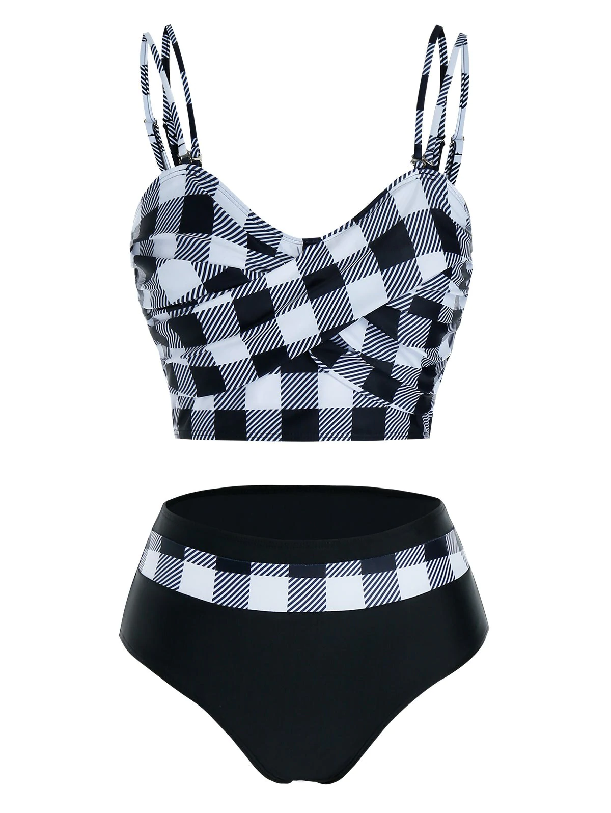 Checked Crisscross High Waisted Tankini Swimwear