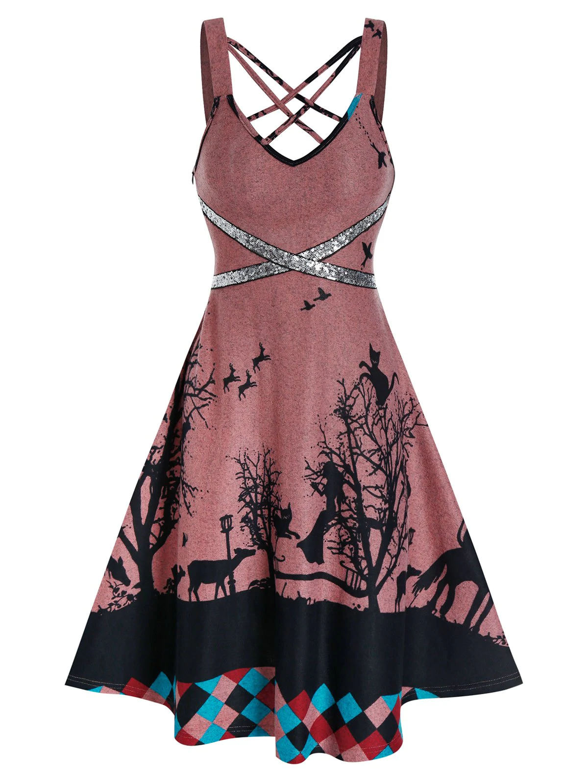 Crisscross Sequins Panel Tree Print Knee High Cami Dress