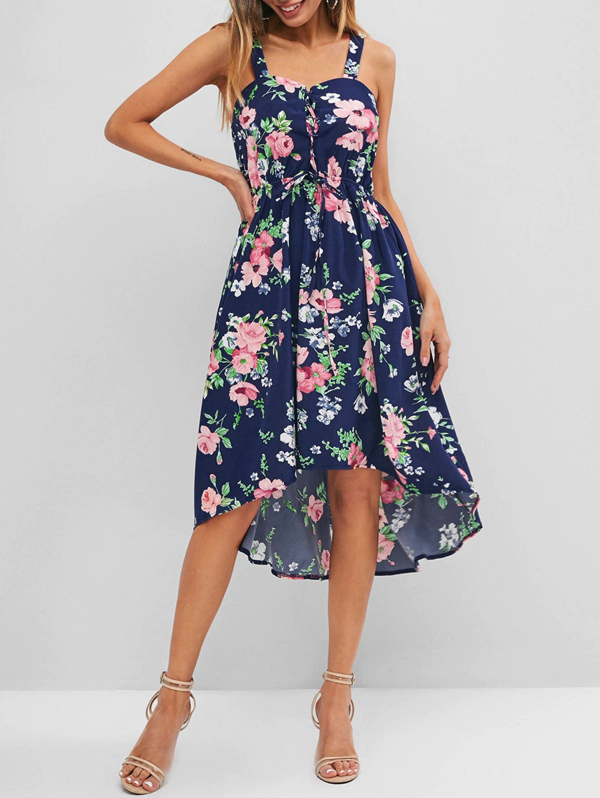 Flower Print Lace Up High Low Dress