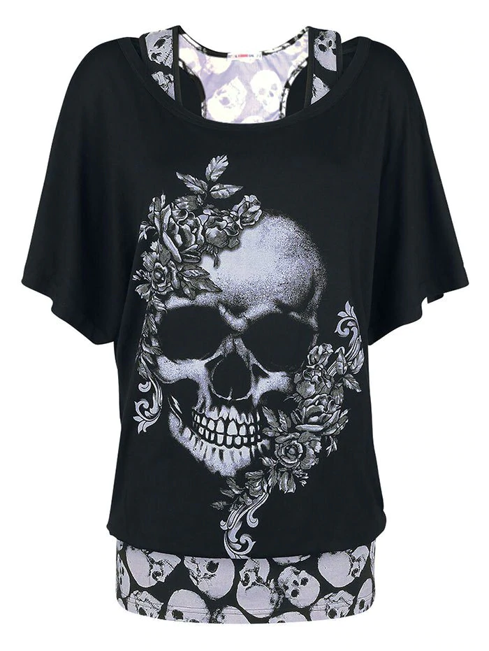 Plus Size Halloween Floral Skull Print T-shirt and Tank Top Set