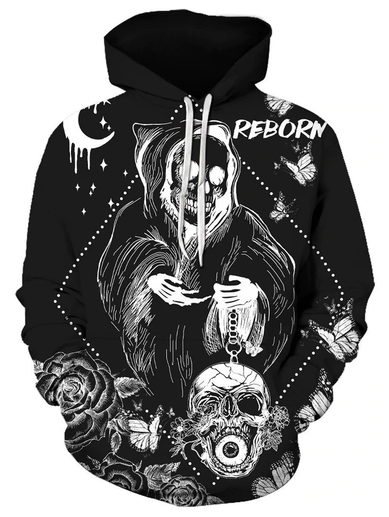 Halloween Butterfly Skull Graphic Front Pocket Drawstring Hoodie